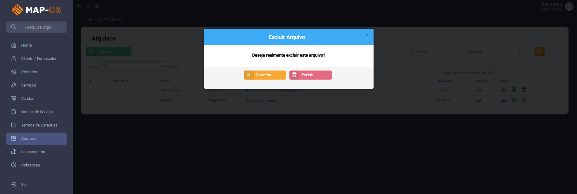 Confirmação de exclusão de arquivo