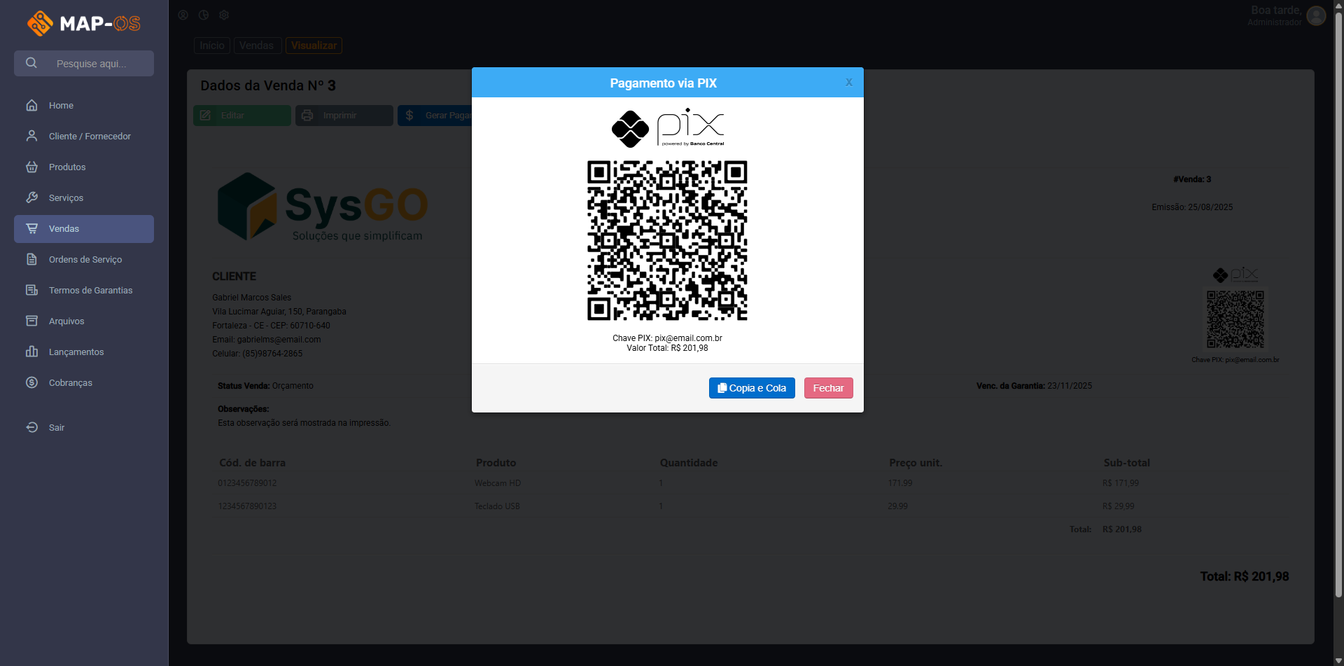 Tela de visualização de venda com QrCode pix